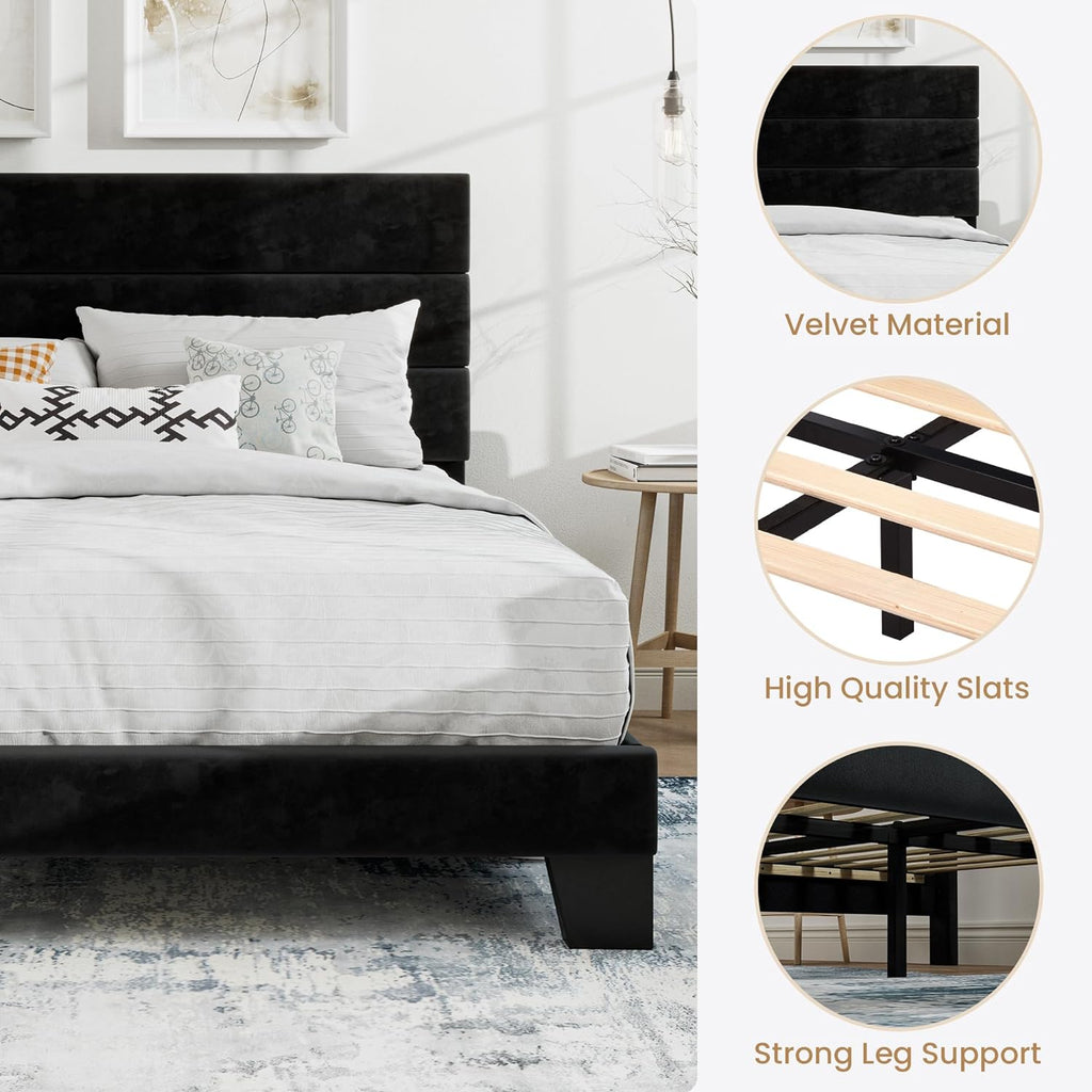 SHA CERLIN Queen Platform Bed Frame with Velvet Upholstered Headboard, Mattress Foundation with Strong Wooden Slats Support, No Box Spring Needed, Black