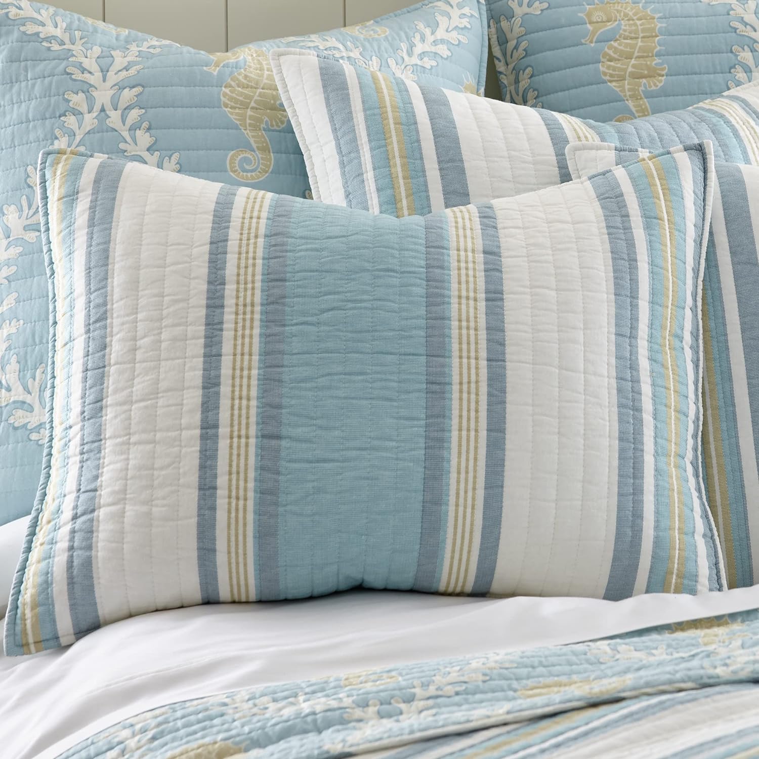 Levtex Home - Kailua Quilt Set - Queen Quilt + Two Standard Pillow Shams - Stripe - Blue Teal Taupe Cream - Quilt (88x92in.) and Pillow Shams (26x20in.) - Reversible - Cotton Fabric