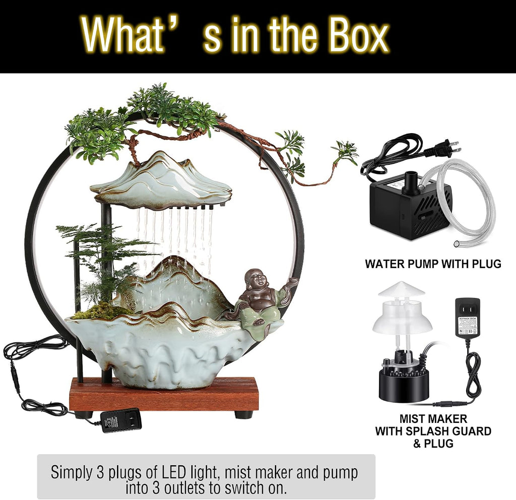 Ceramic Maitreya Buddha Incense Burner, Waterfall Lotus LED Light Ring Backflow Aromatherapy Ornament, with Incense Cones for Home Office Decor for Relaxation Yoga Gift (Buddha-3)