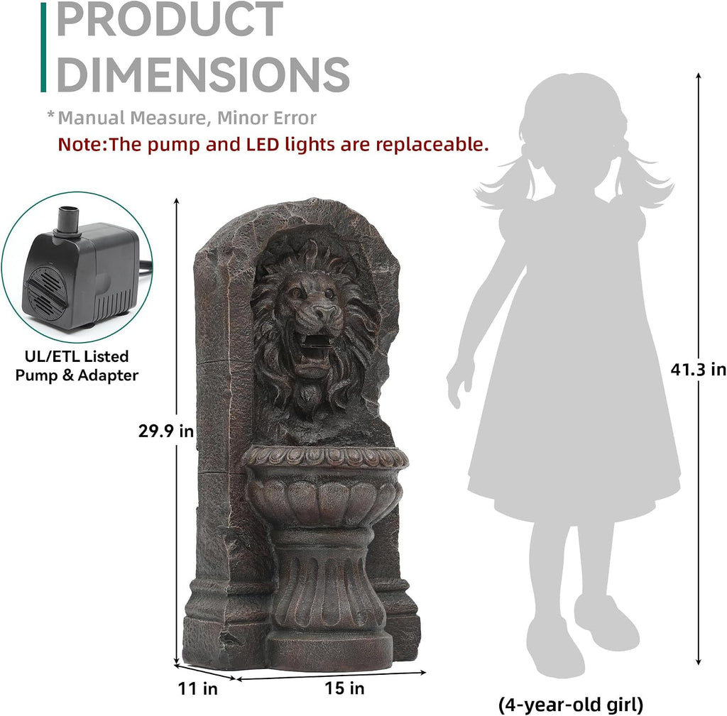 30' Lion Head Outdoor Water Fountain, Handcrafted Antique Stone Sculpture Garden Fountain, Warm LED-Lit Cascading Waterfall, Relaxing Fountains for Outside Garden Patio Yard Deck Floor Decor