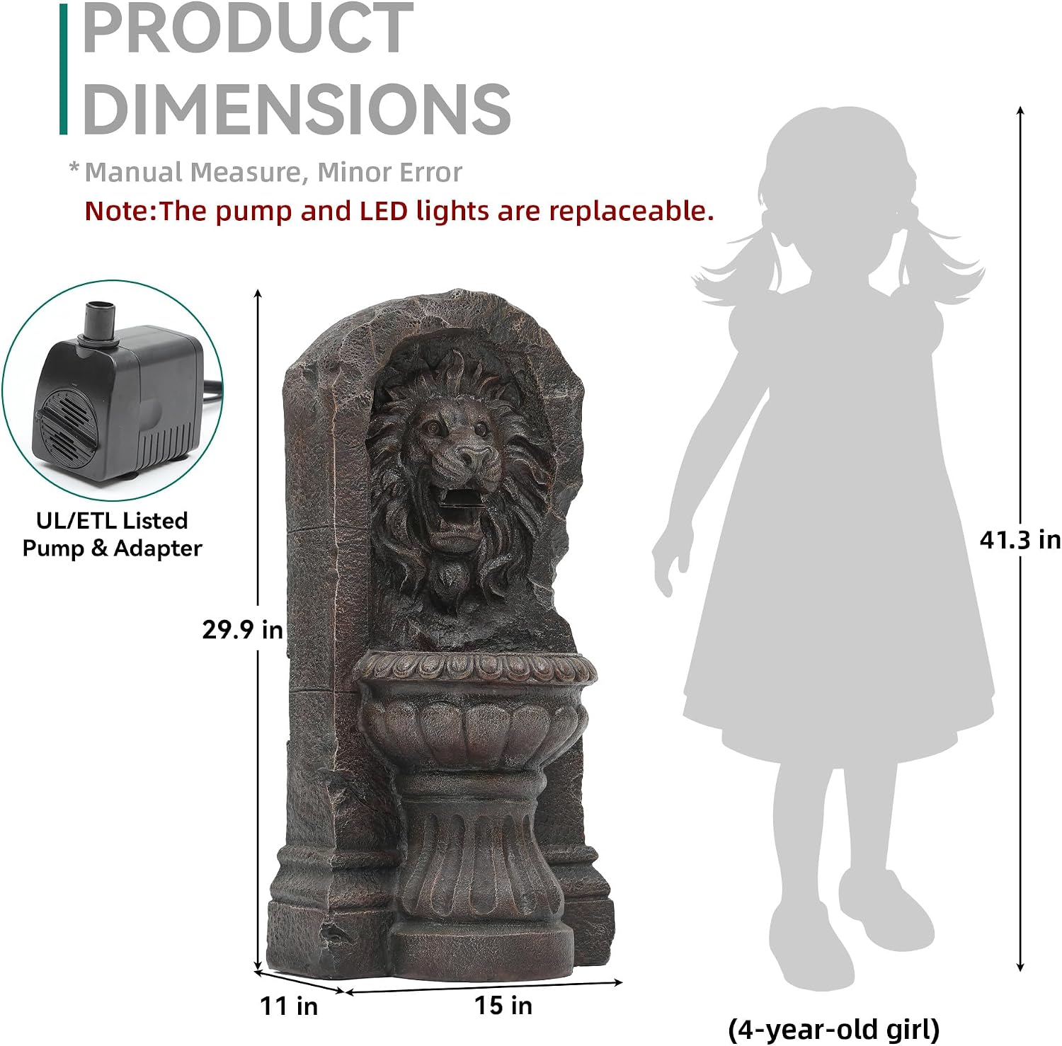 30' Lion Head Outdoor Water Fountain, Handcrafted Antique Stone Sculpture Garden Fountain, Warm LED-Lit Cascading Waterfall, Relaxing Fountains for Outside Garden Patio Yard Deck Floor Decor