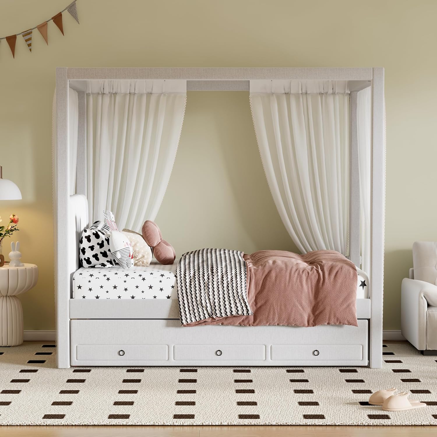 Modern Twin Size Upholstery Canopy Platform Bed with Trundle and 3 Storage Drawers, Twin Size Linen Storage Platform Bed with Backrest and Wood Slat Support for Kids and Teens (Beige, Twin)