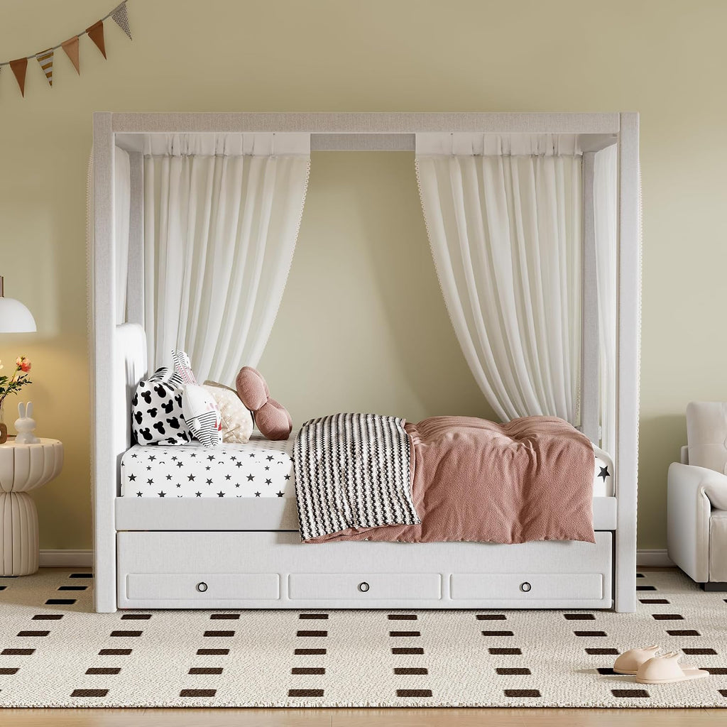 Harper & Bright Designs Twin Size Upholstery Canopy Platform Bed Frame for Boys Girls Kids Adults Toddler with Trundle and Three Storage Drawers, Beige