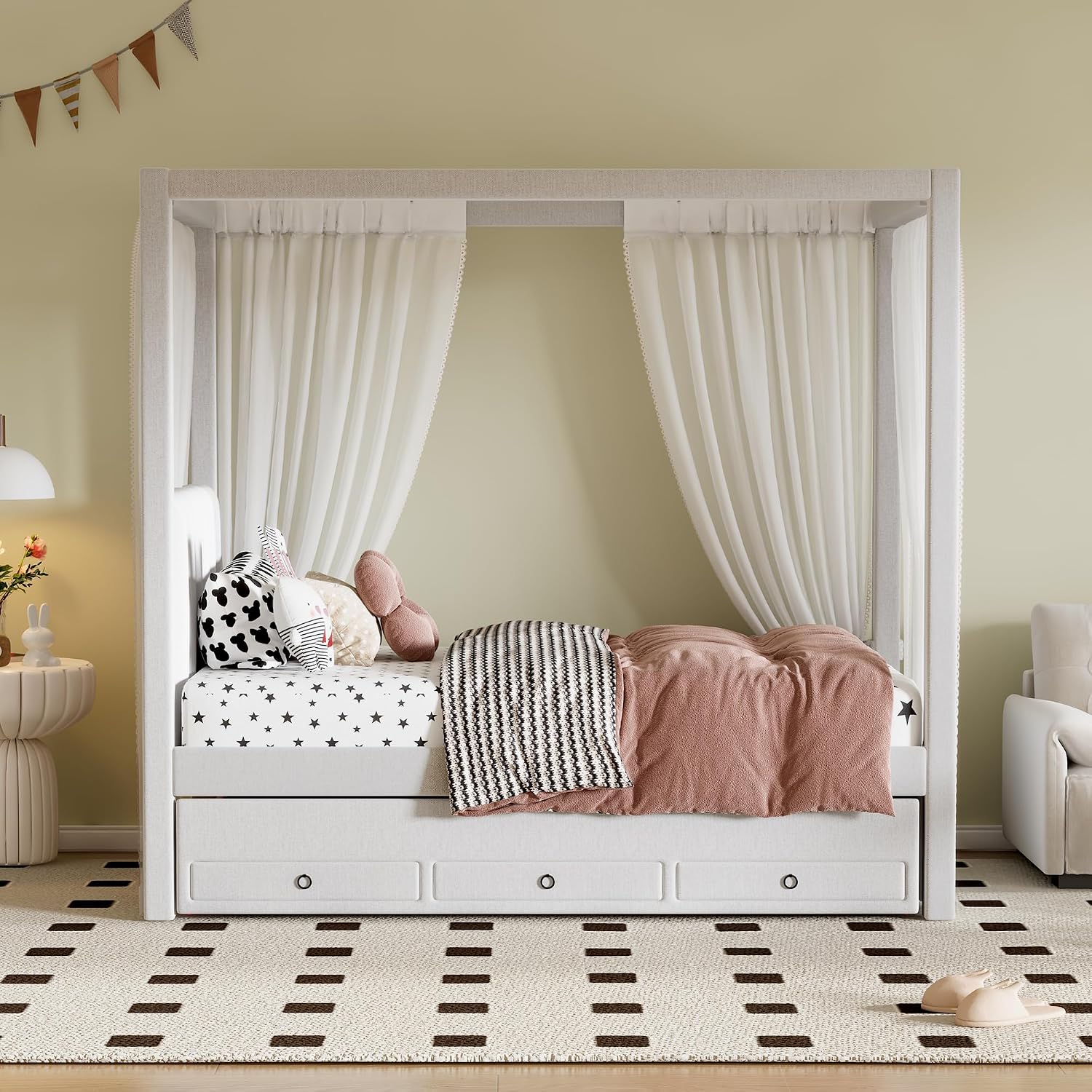 Harper & Bright Designs Twin Size Upholstery Canopy Platform Bed Frame for Boys Girls Kids Adults Toddler with Trundle and Three Storage Drawers, Beige