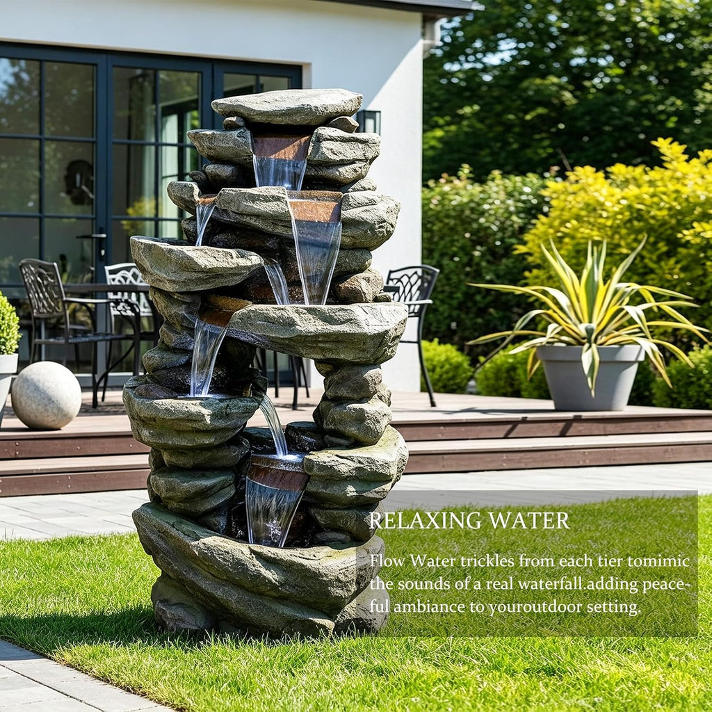 SunJet 60' High Multi-Tiers Cascading Rock Outdoor Water Fountain with LED Lights - Large Outdoor Fountains and Waterfalls for Garden or Patio, Yard, and Deck Decor, Featuring Natural Stone Look