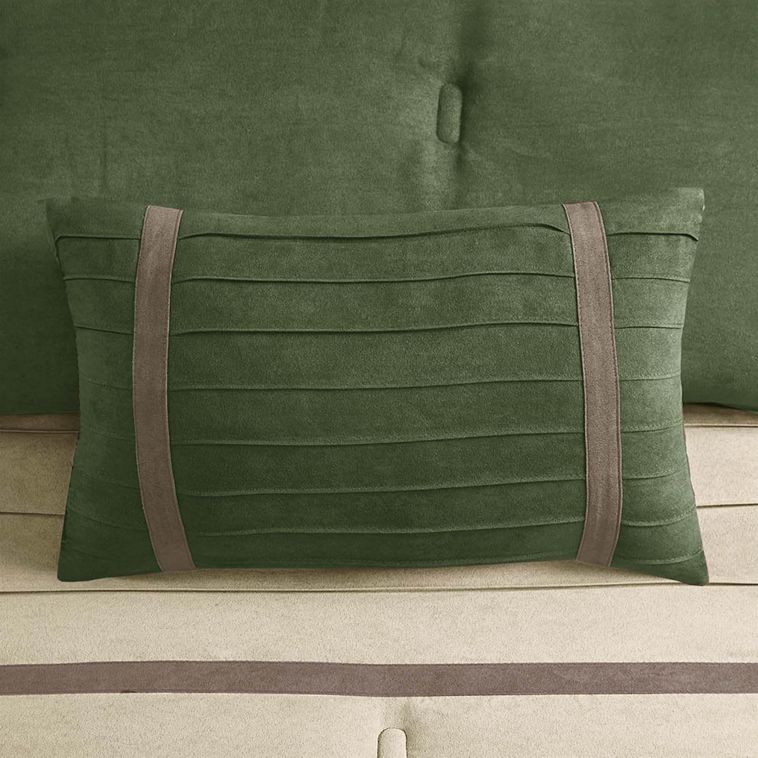 Madison Park Cozy Comforter Set-Luxury Faux Suede Design, Striped Accent, All Season Down Alternative Bedding, Matching Shams, Decorative Pillow, Green, California King (104 in x 92 in)