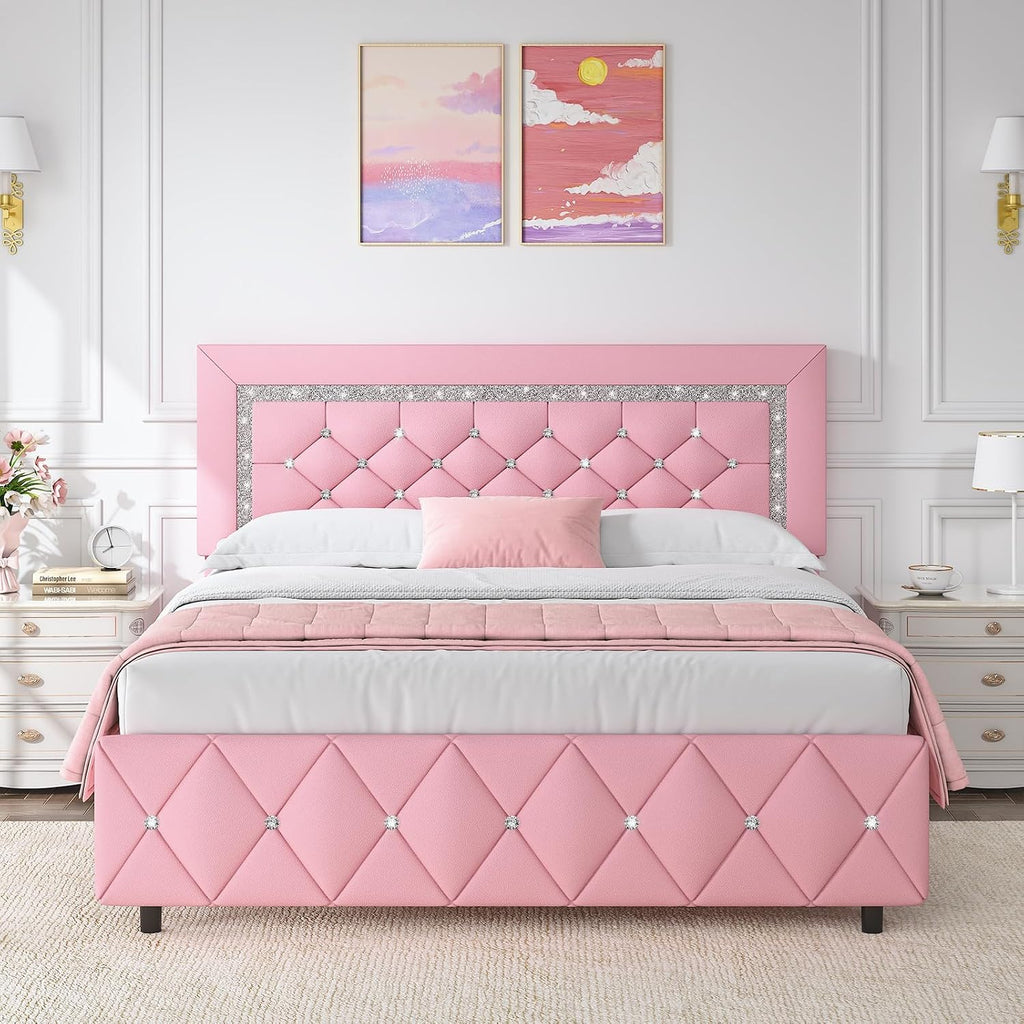 HOMBCK Queen Bed Frame with Diamond Headboard, Faux Leather Upholstered Platform Bed, Mattress Foundation, No Box Spring Needed, Easy Assembly, Pink