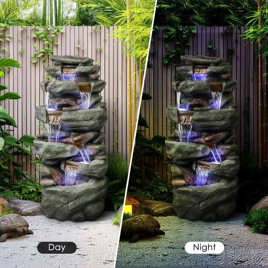 SunJet 40.5' High Rocks Outdoor Water Fountain - 6-Tiers Cascading Waterfall with LED Lights, Soothing Tranquility for Home Garden, Yard Decor