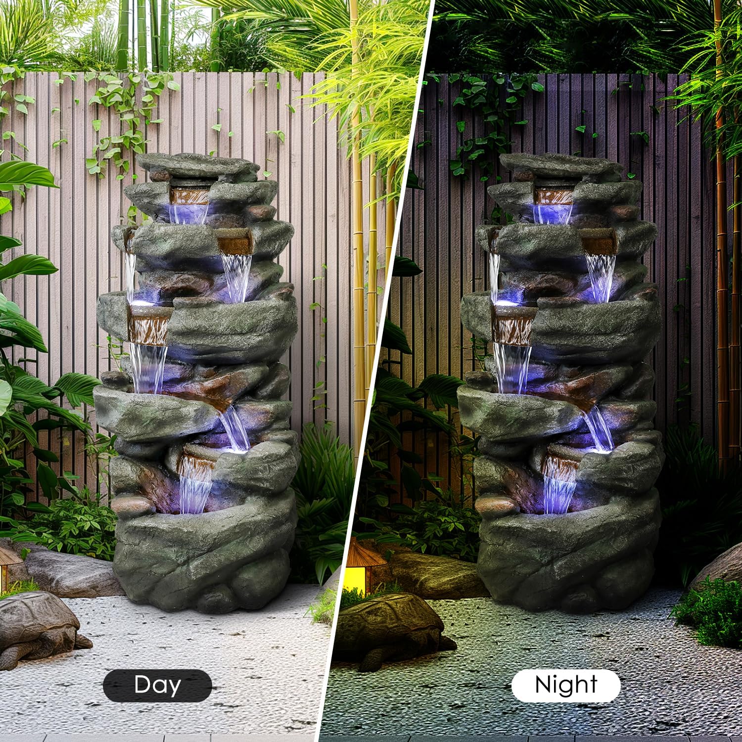 SunJet 40.5' High Rocks Outdoor Water Fountain - 6-Tiers Cascading Waterfall with LED Lights, Soothing Tranquility for Home Garden, Yard Decor