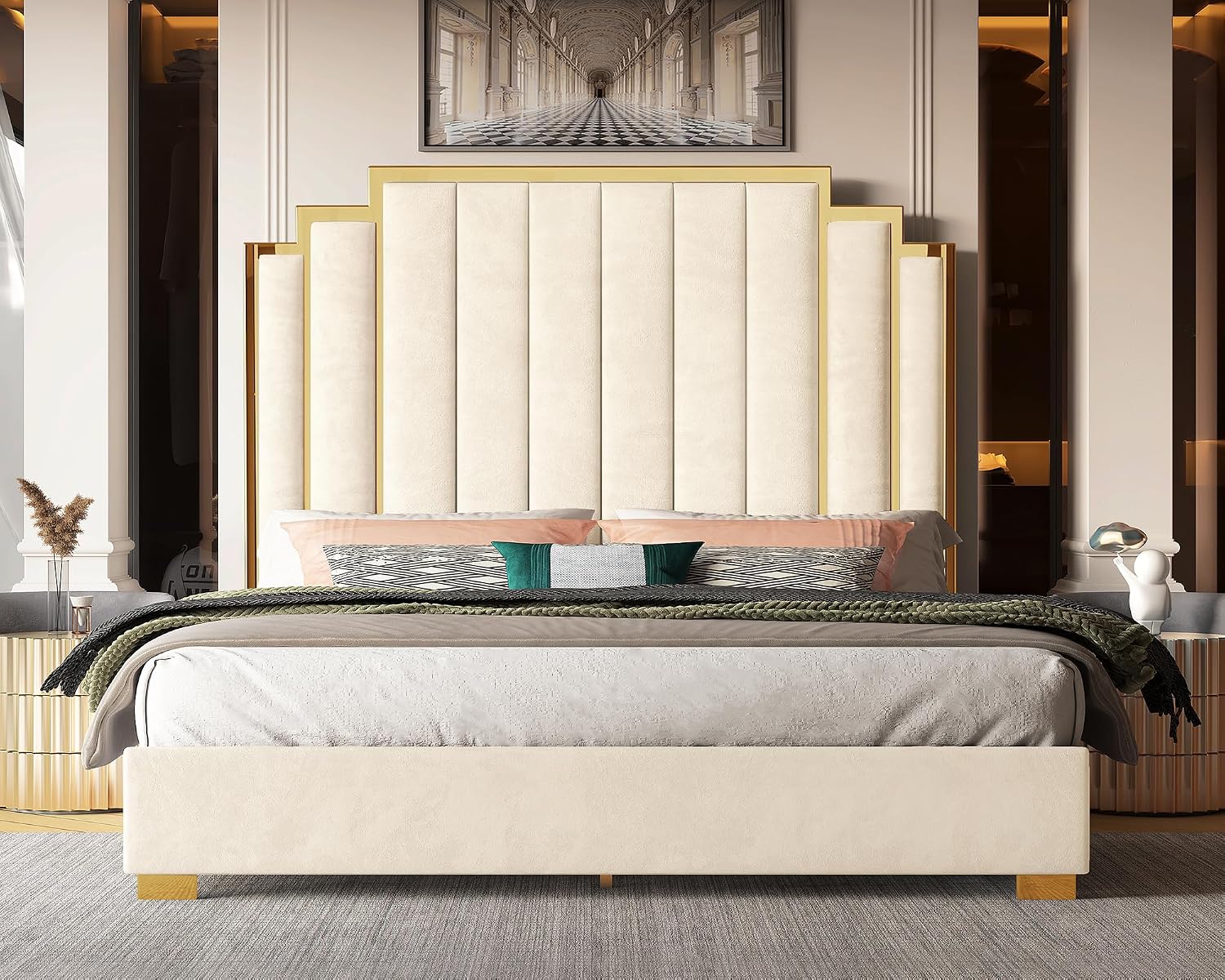 Albott King Size Platform Bed Frame, 65' Velvet Upholstered Bed with Gold Trim Headboard/Wooden Slats/No Box Spring Needed/Cream