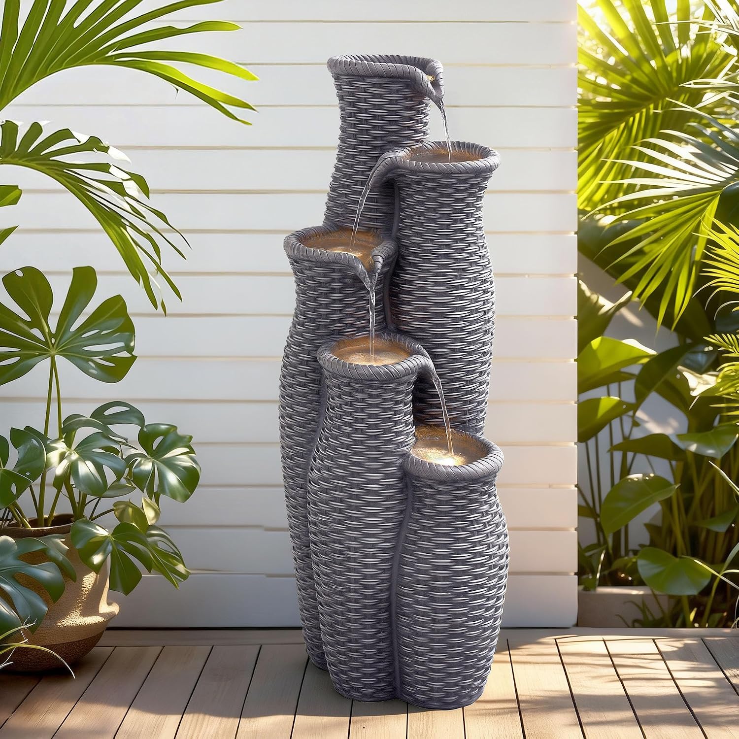 Outdoor Water Fountain with Lights, 5-Tier Faux Rattan Vase Waterfall, Textured Gray Polyresin Cascading Waterfall Feature with Soothing White Noise for Garden, Patio, Yard, or Porch