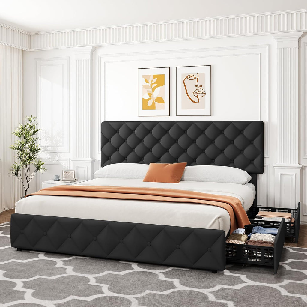 IDEALHOUSE King Size Bed Frame with 4 Storage Drawers and Adjustable Headboard, Linen Upholstered Platform Beds, Diamond Stitched Button Tufted, No Box Spring Needed, Black