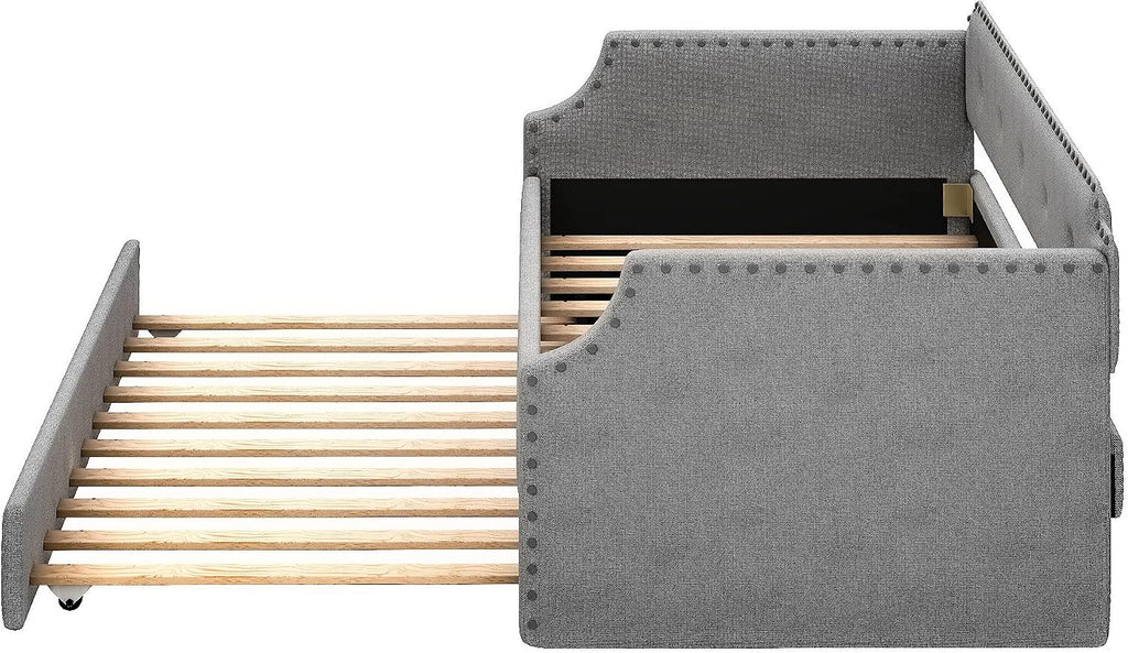 Twin Size Daybed with Trundle, Upholstered Twin Daybed Frame, Sofa Bed for Bedroom Living Room, Gray