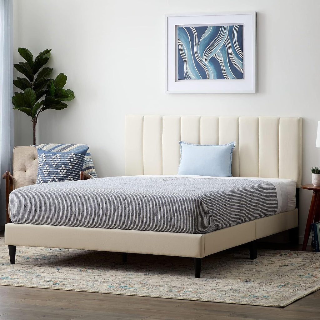 Lucid Twin Bedframe with Vertical Channeled Headboard — Upholstered Platform Bed — Easy Assembly — Twin Size — No Box Spring Needed — Pearl Color
