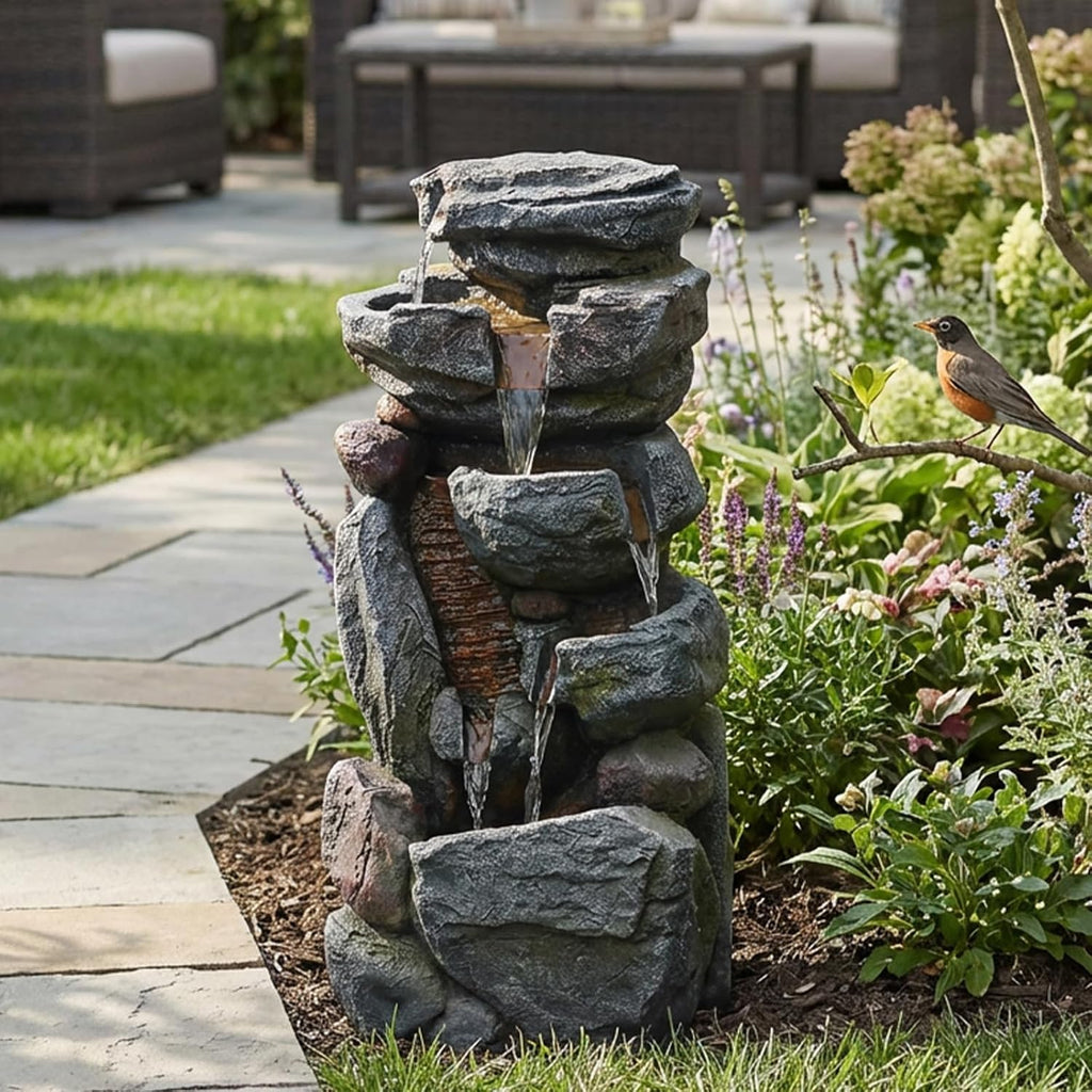 Bumilgar Water Features Outdoor Patio 6-Tier Cascading Rock Water Fountain 31.5''Water Fall Fountain Outside Resin Fountain with Light Mossy Rock Floor Garden Fountain Indoor for Relaxation Home Decor
