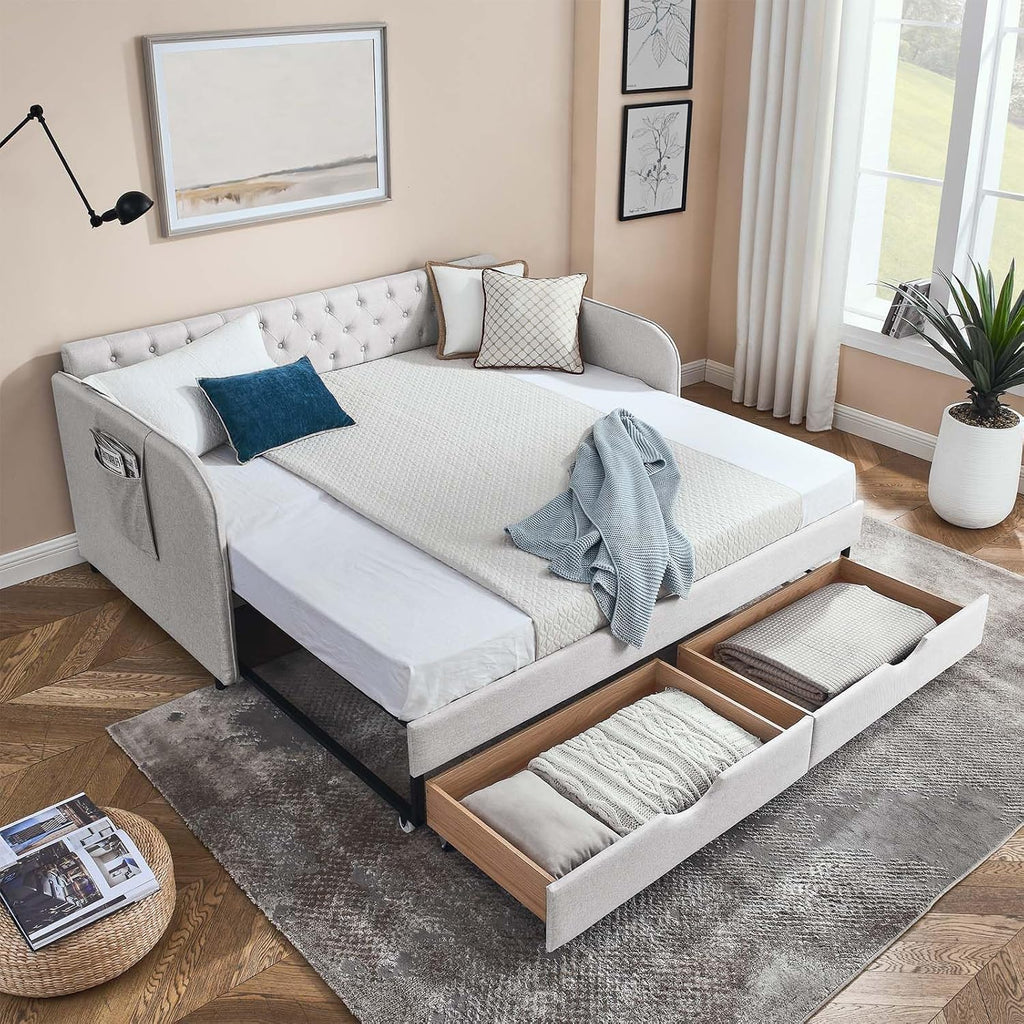 Antetek 80.5' Daybed with Drawer, Modern Button Tufted Linen Day Bed with Trundle Bed Twin to King, Upholstered Daybed Frame w/Storage Pocket for Bedroom, Living Room, No Box Spring Needed, Beige