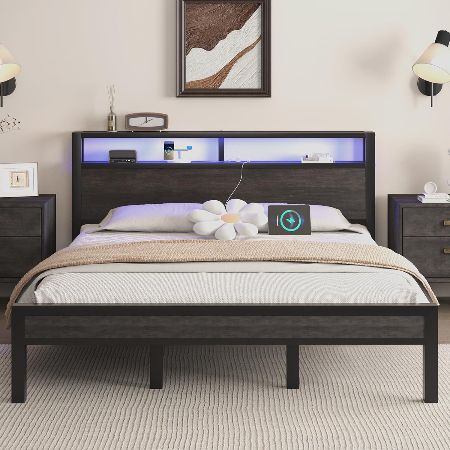 LOEWAY King Size Platform Bed with 2-Tier Storage Headboard, Metal Bed Frame with Charging Station & LED Light, Heavy Duty Metal Slats, No Box Spring Need, Noise Free, Grey