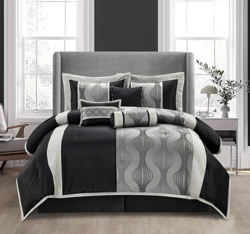 Stratford Park Elegant Black and Silver Comforter Set California King Size, Striped, 7 Pieces Bedding & Collection, Jacquard All Season Comforter & Pillows, Ultra-Soft Microfiber