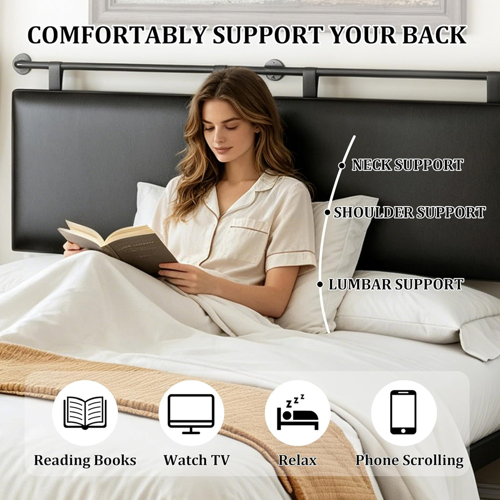 BSHOMGI King Size Headboard Wall Mount Headboard, PU Leather Head Board Only Black Hanging Head Boards, Industrial Pipe Modern Bed Backboard for Bedroom (Black, King) | PU Leather