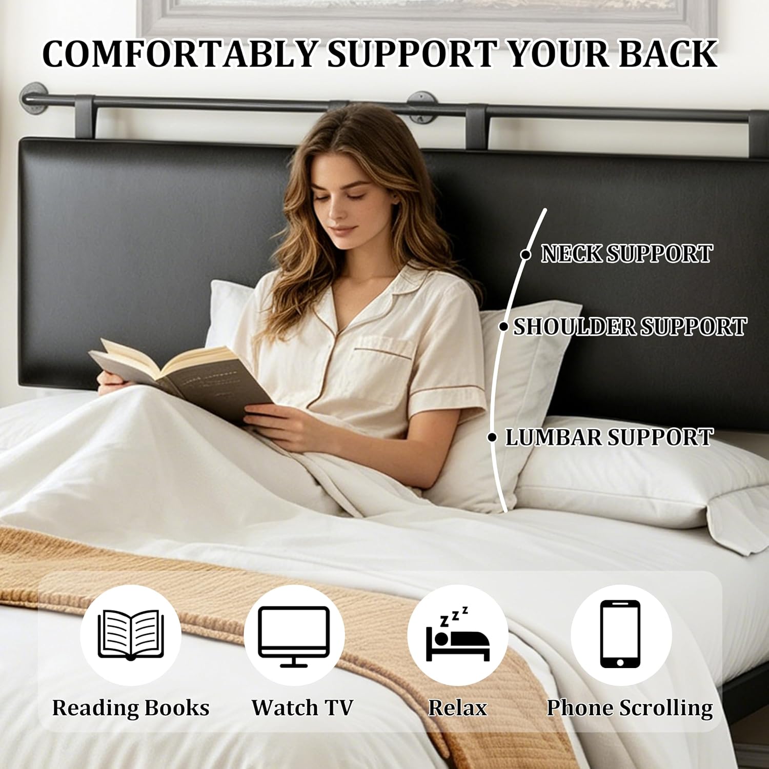 BSHOMGI King Size Headboard Wall Mount Headboard, PU Leather Head Board Only Black Hanging Head Boards, Industrial Pipe Modern Bed Backboard for Bedroom (Black, King) | PU Leather