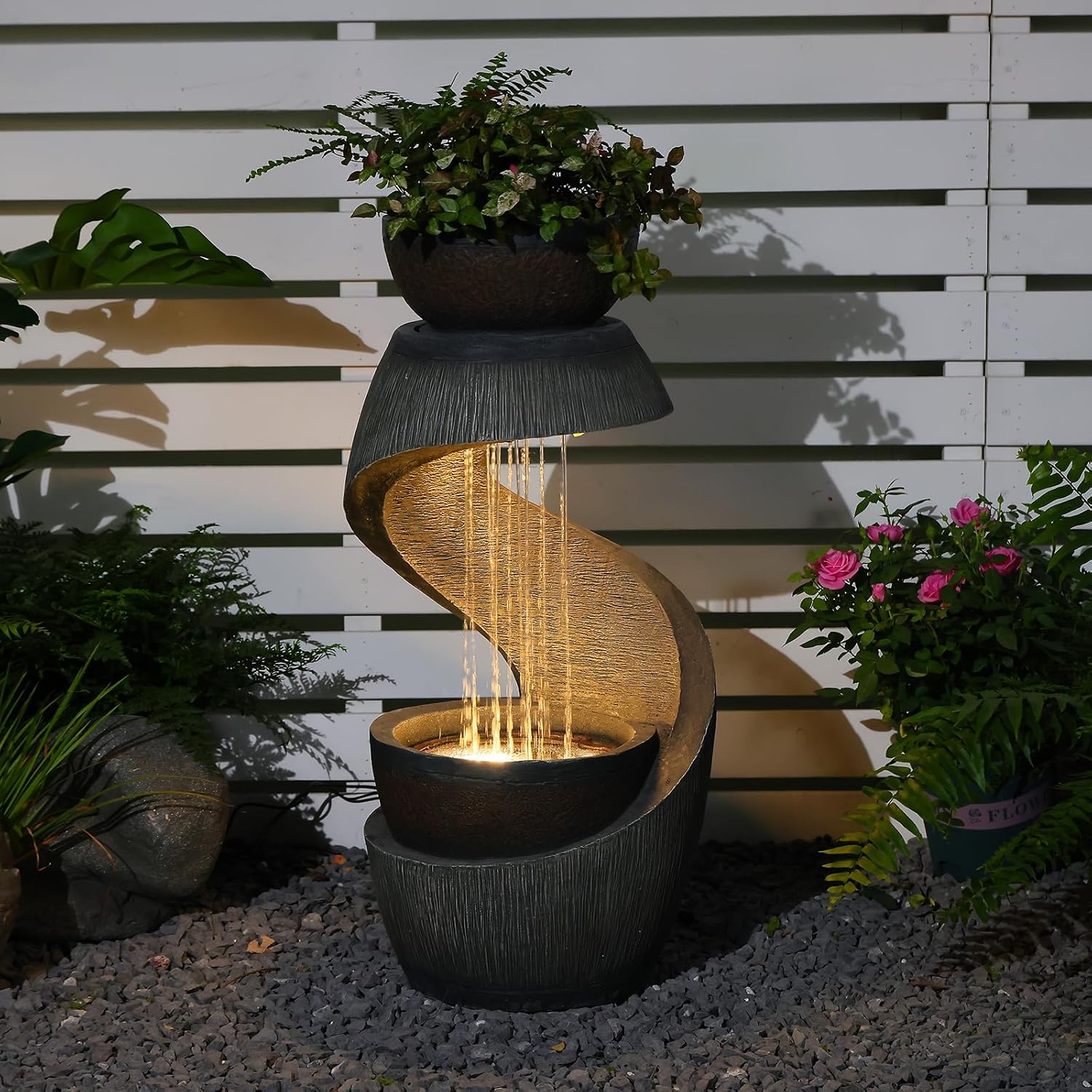 Outdoor Water Fountain with LED Lights, 31.9' Modern Resin Waterfall Fountain Outdoor, S-Shaped Garden Water Feature for Yard, Balcony, Home Decor, Patio Fountian and Waterfalls, Grey