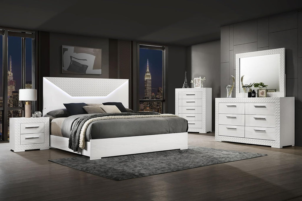 Coaster Home Furnishings Ives Contemporary 5-Piece Bedroom Set Queen Size LED Panel Bed Frame 57-inch Headboard White High Gloss 224941Q-S5