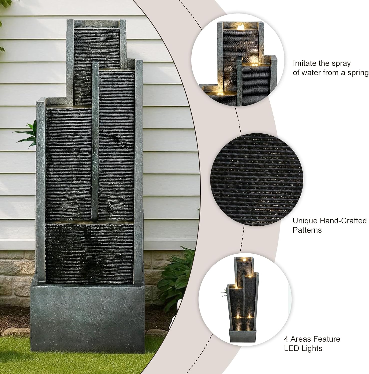 Naturefalls 50.7-Inch Tall Outdoor Water Fountain with LED Lights and Pump, Modern Resin Floor Standing Cascading Waterfall Fountain for Garden Patio Backyard