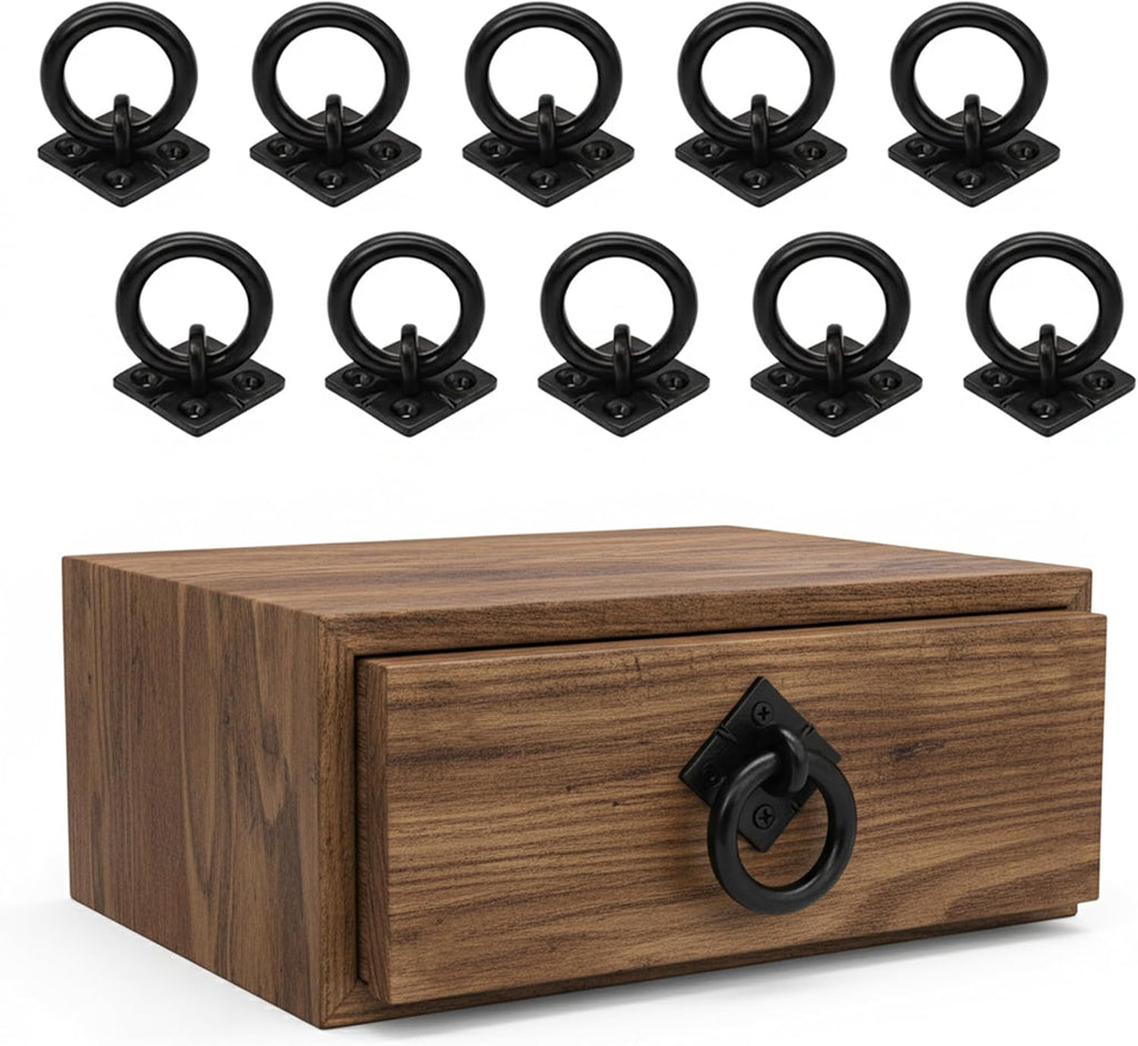 Mystic Colonial Cast Iron Ring Pull Handles – Blackened Hammered Finish – Antique Style for Cabinet, Drawer & Cupboard Hardware with Screw (Hammered (10, Hammered)