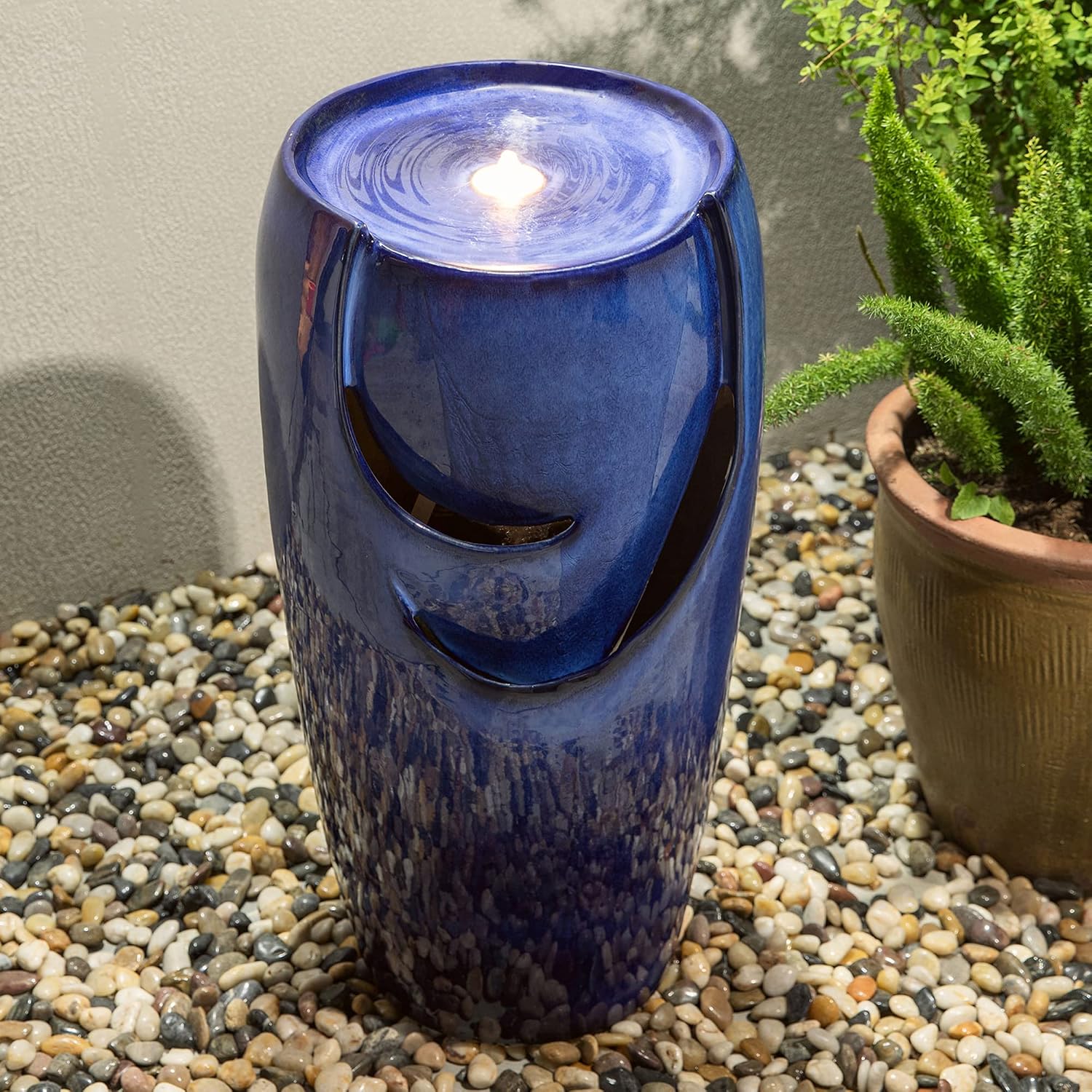 Glitzhome Outdoor Water Fountain with LED Light, Oversized Ceramic Vase Water Fountains Outdoor, Tall Water Feature Backyard Fountain for Garden Patio, Cobalt Blue, 29.3'H