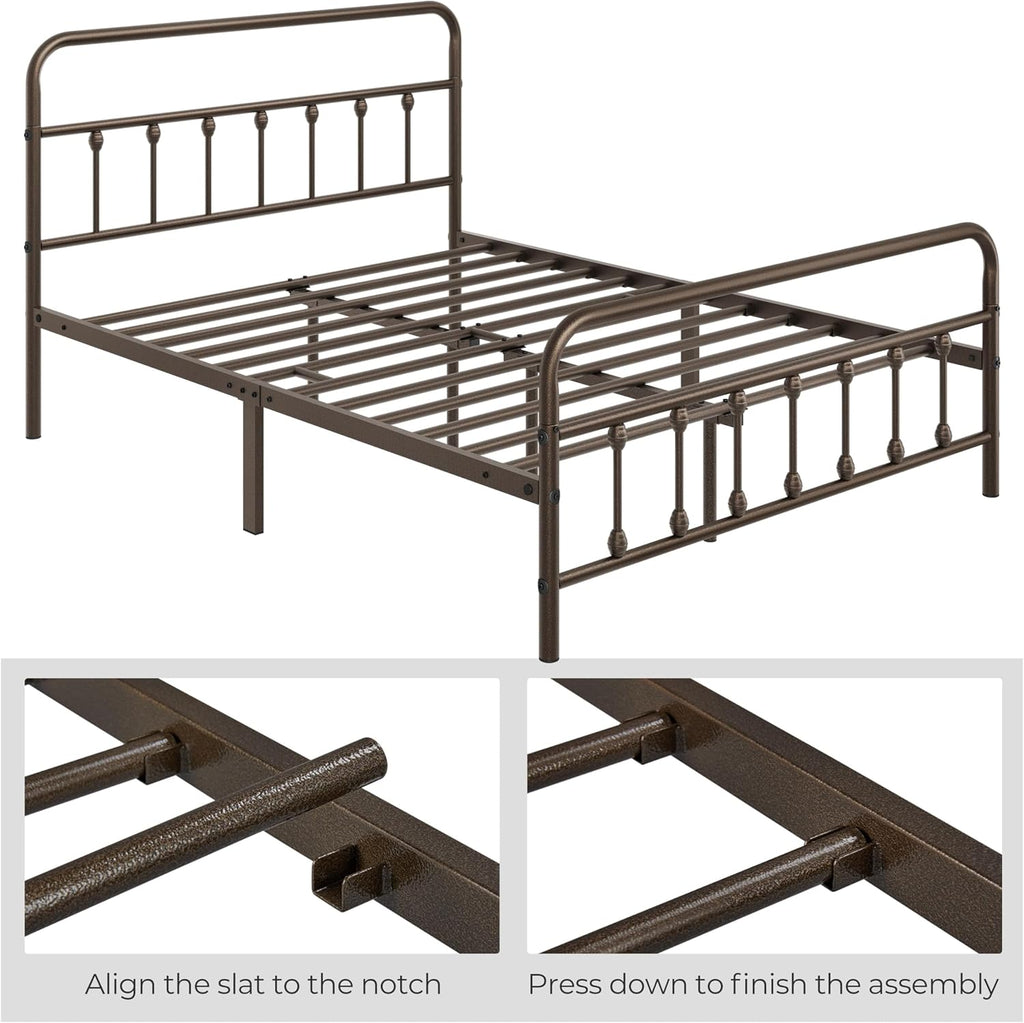 Topeakmart Full Size Victorian Style Metal Bed Frame with Headboard/Mattress Foundation/No Box Spring Needed/Under Bed Storage/Strong Slat Support Bronze