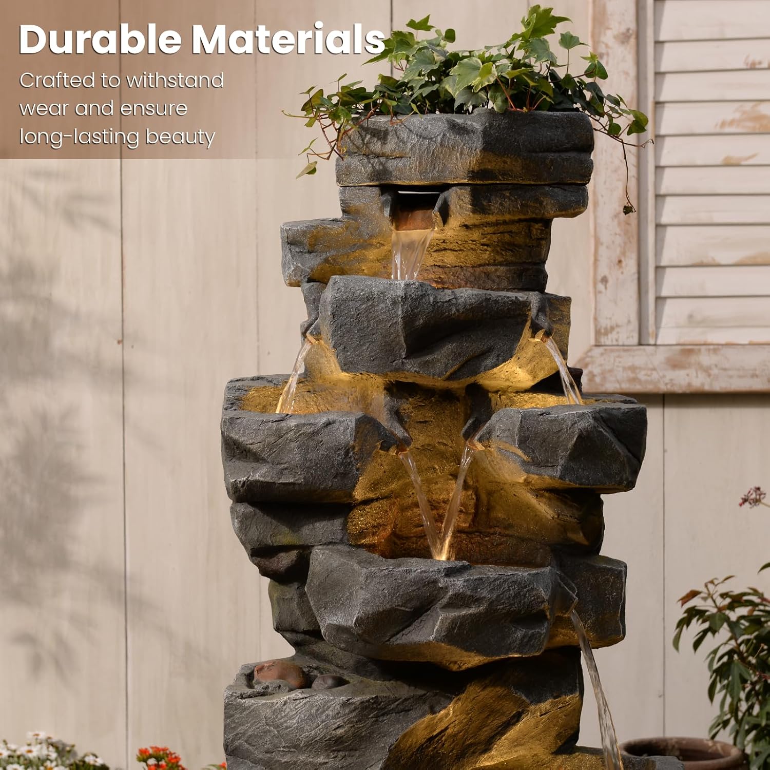 Sunlinua 58' H Outdoor Water Fountain with 7 Tiers New Upgraded Large Cascading Realistic Rock Waterfall Fountains with Lights Outdoor Water Fountain for Garden Patio Backyard Porch Home Decor