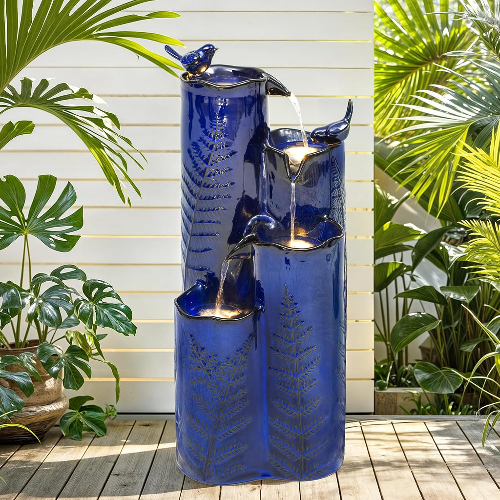 32' H Ceramic Outdoor Water Fountain with LED Lights, 4-Tier Vase Outdoor Fountain, Cobalt Blue Glaze, Embossed Fern Pattern, Cascading Waterfall for Tranquil Garden, Patio, or Porch