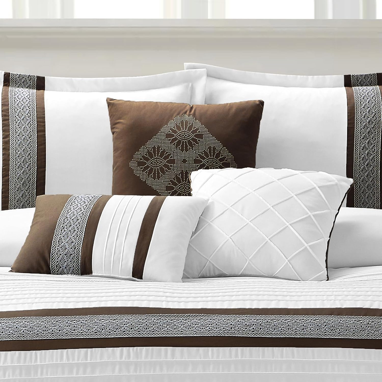 LANCO MODERN LIFESTYLE 7 Piece Comforter Set, Coffee White, Queen Size, Boho Style Geometric Microfiber Embroidery, Bed in a Bag with Bedskirt, Pillow Shams and Decor Pillows