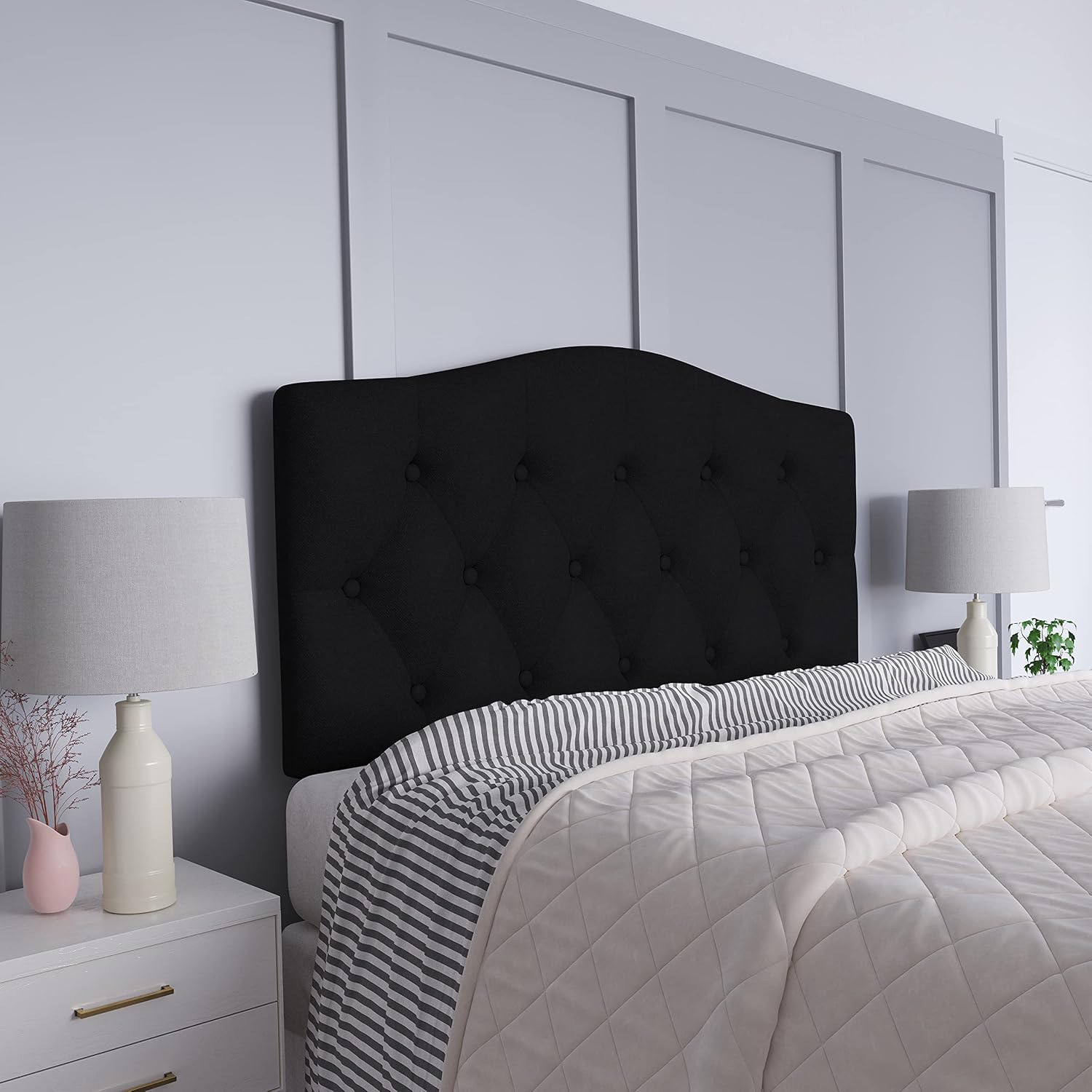 EMMA + OLIVER Tufted Upholstered Queen Size Headboard in Black Fabric