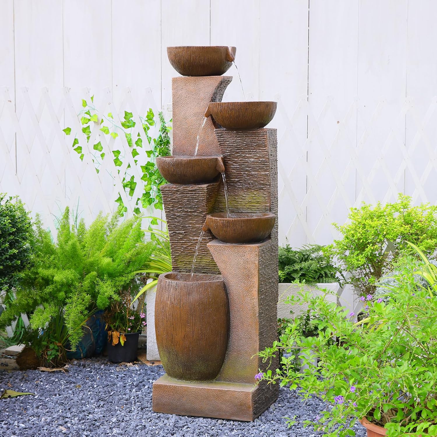 5-Tier Rustic Jar Water Fountain Outdoor with LED Lights, 51.6' Tall Cascading Resin Waterfall Feature for Garden Patio Backyard Yard Décor, Tiered Water Fountain