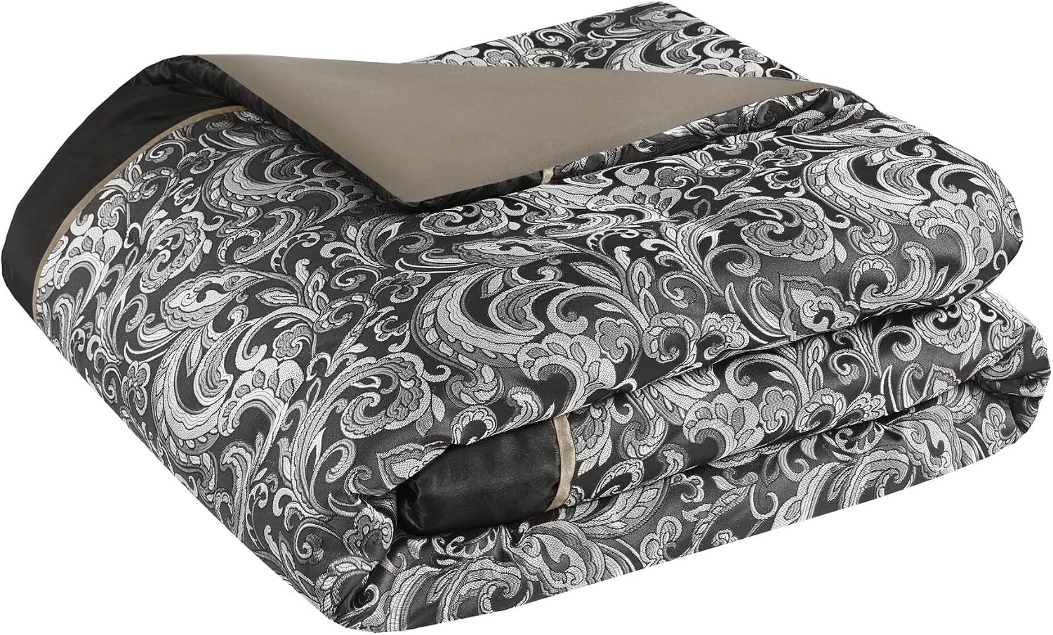 Madison Park Essentials Brystol 24 Piece Room in a Bag Faux Silk Comforter Jacquard Paisley Design Matching Curtains Down Alternative All Season Bedding-Set, Queen(90 in x 90 in), Black 24 Piece