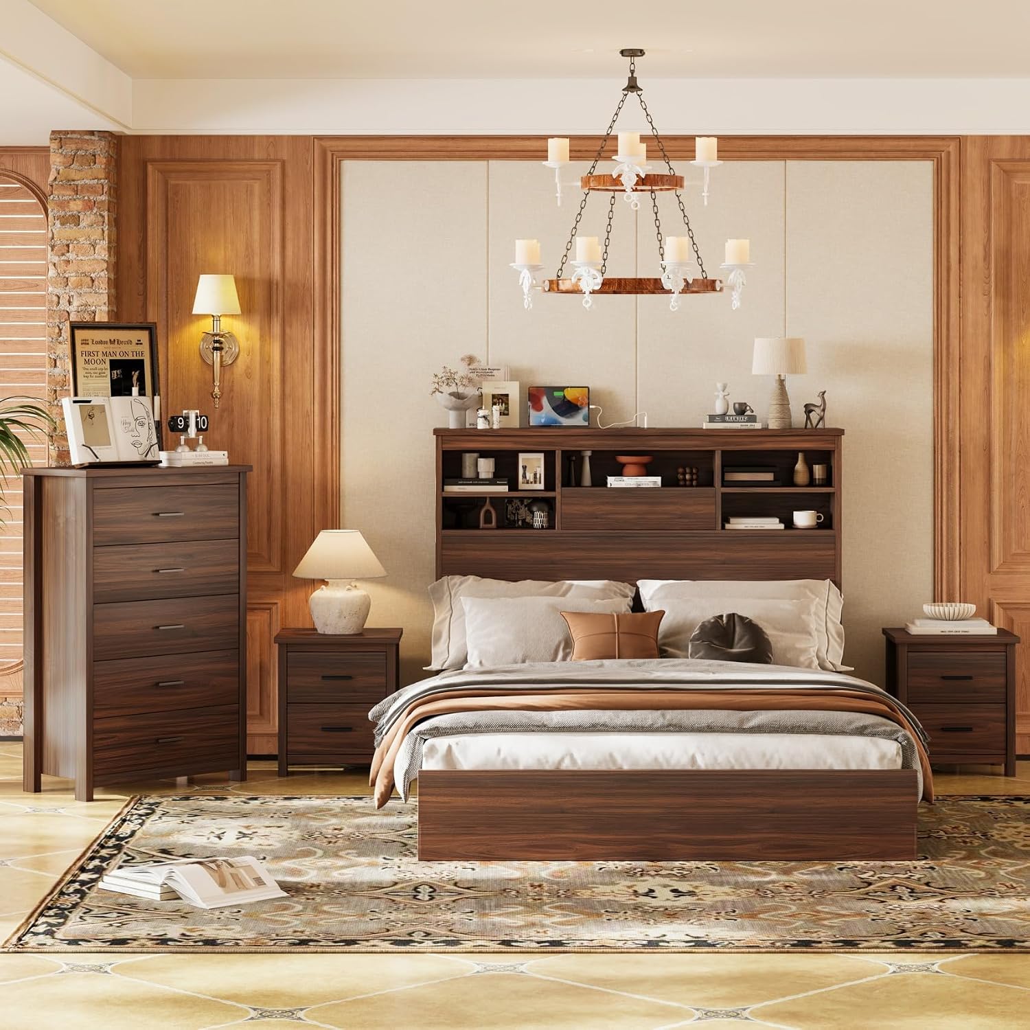 4 Piece Bedroom Sets of 4, Queen Size Platform Bed with USB Storage Headboard, 1 Cabinet of 5 Drawers and 2 Nightstands of 2 Drawers, Space Saving for Kids Boys Adults, Walnut