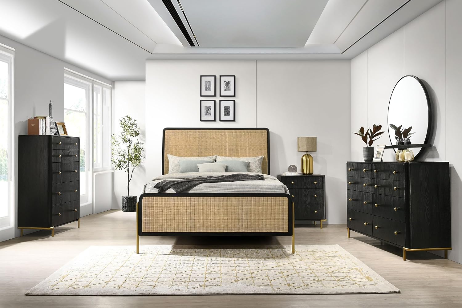 Coaster Home Furnishings Arini Coastal 5-Piece Bedroom Set Natural Cane Queen Size Panel Bed Frame 56-inch Headboard Black and Natural 224330Q-S5