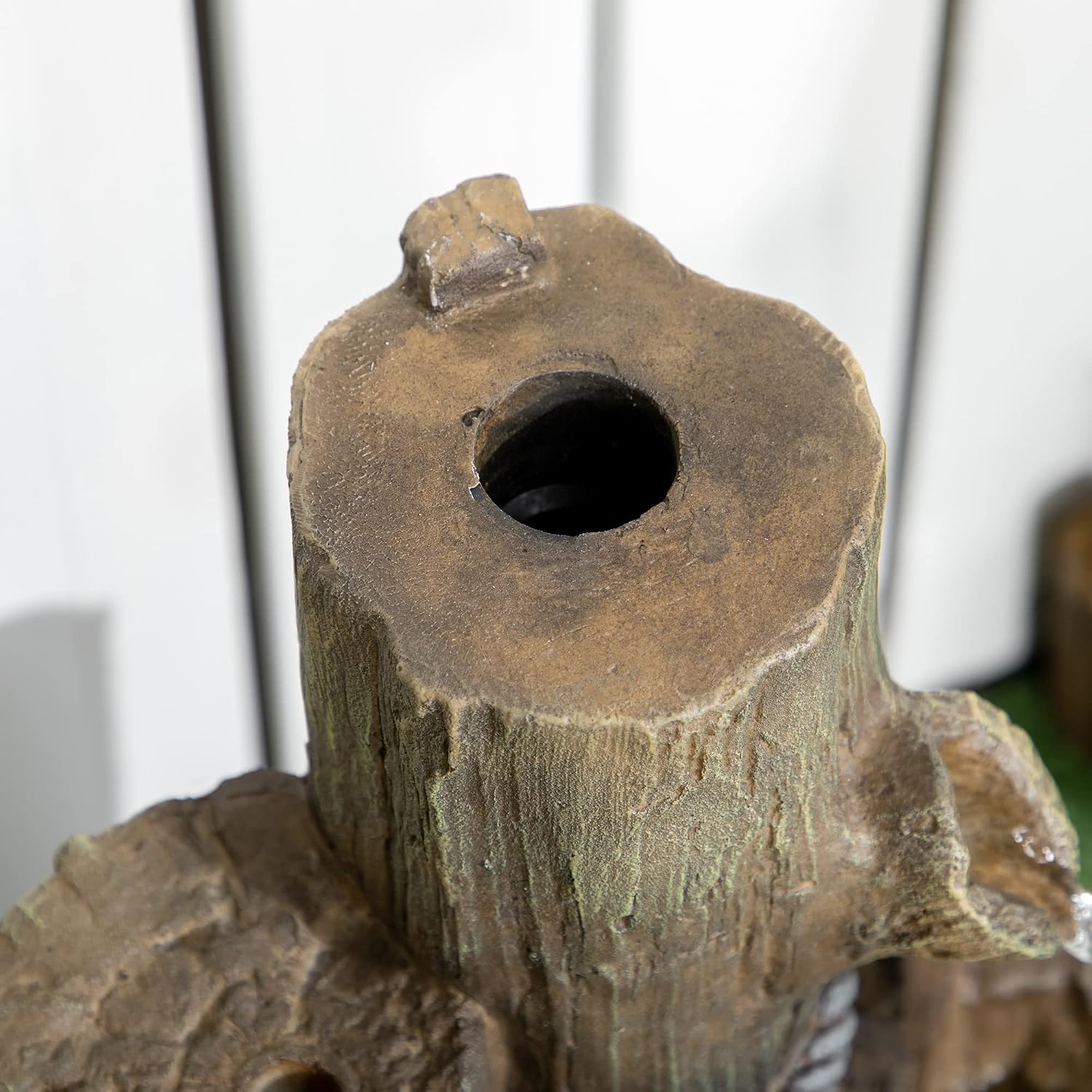 Outsunny Outdoor Fountain with Birdhouse, Cascading Garden Waterfall Bird Bath with 3-Tier Rustic Tree Trunk/Log Design, LED Lights for Porch, Deck, Yard Decor, Brown