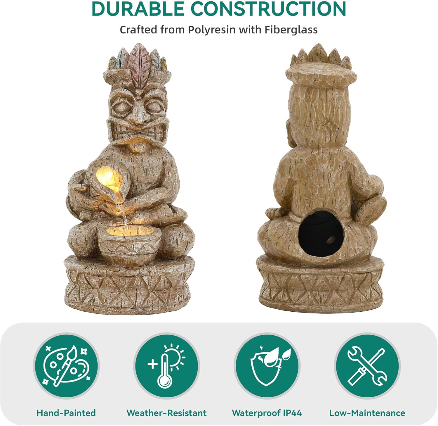 23' Tiki Outdoor Water Fountain, 2-Tier Water Feature with LED Lights, Soothing Cascading Waterfall for Tranquile, Relaxing, Meditative Patio, Backyard, Garden or Porch