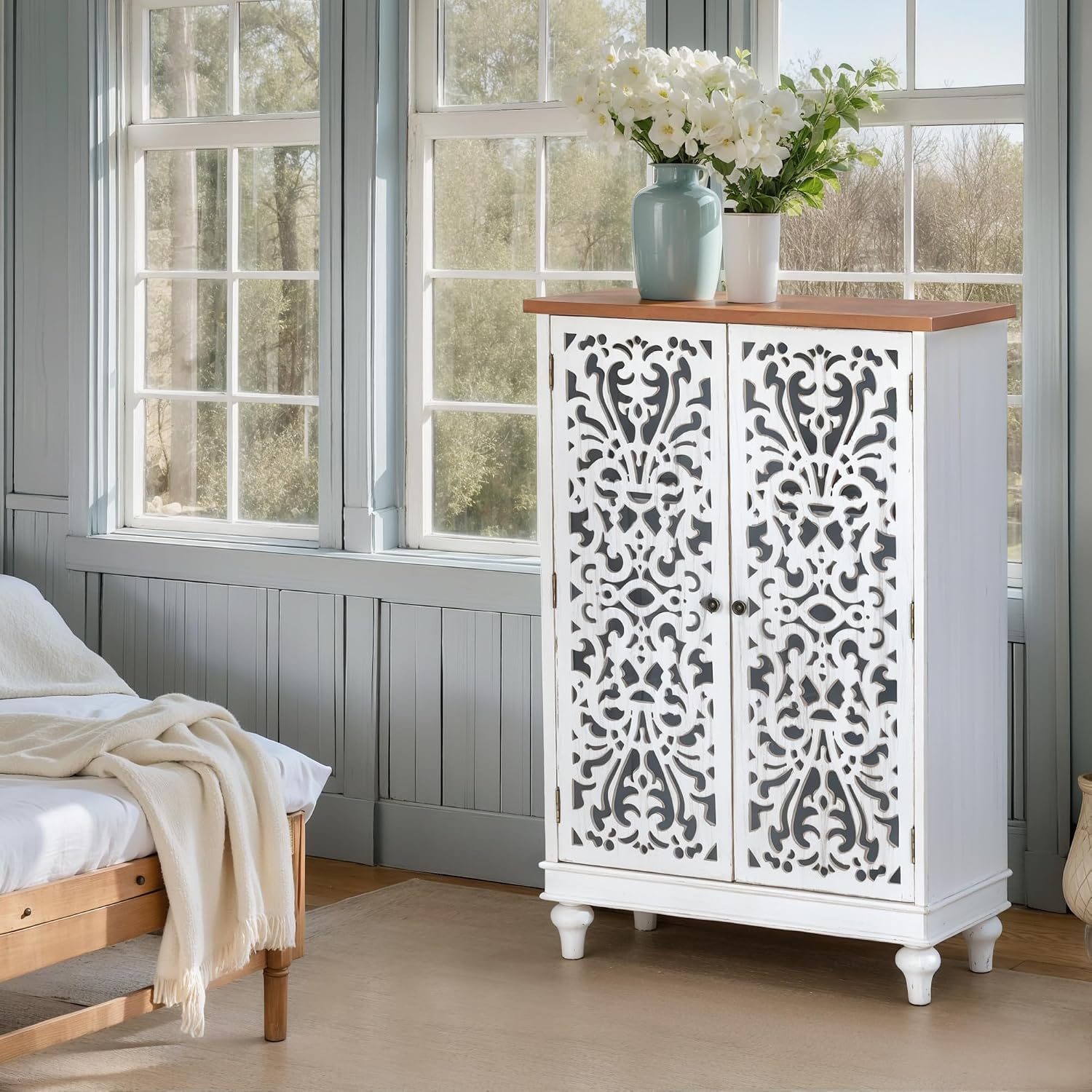Sophia & William Tall Storage Cabinet 47.4', Decorative 2-Door Tall Accent Cabinet, for Living Room, Dining Room, White