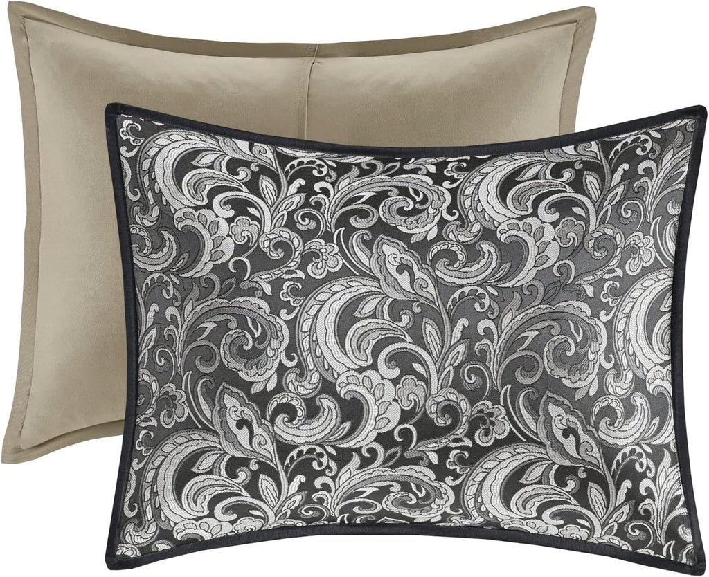 Madison Park Essentials Brystol 24 Piece Room in a Bag Faux Silk Comforter Jacquard Paisley Design Matching Curtains Down Alternative All Season Bedding-Set, Queen(90 in x 90 in), Black 24 Piece