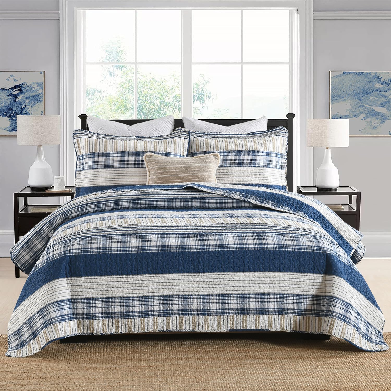 Homzard 100% Cotton Qult Set, California King 118'' x 106'' Oversized Bedspread Set with 2 Pillow Shams, Blue White Tan Bedding Comforter Set, Plaid Striped Coverlet Sets Reversible Bed Set | Oeko-Tex Certified