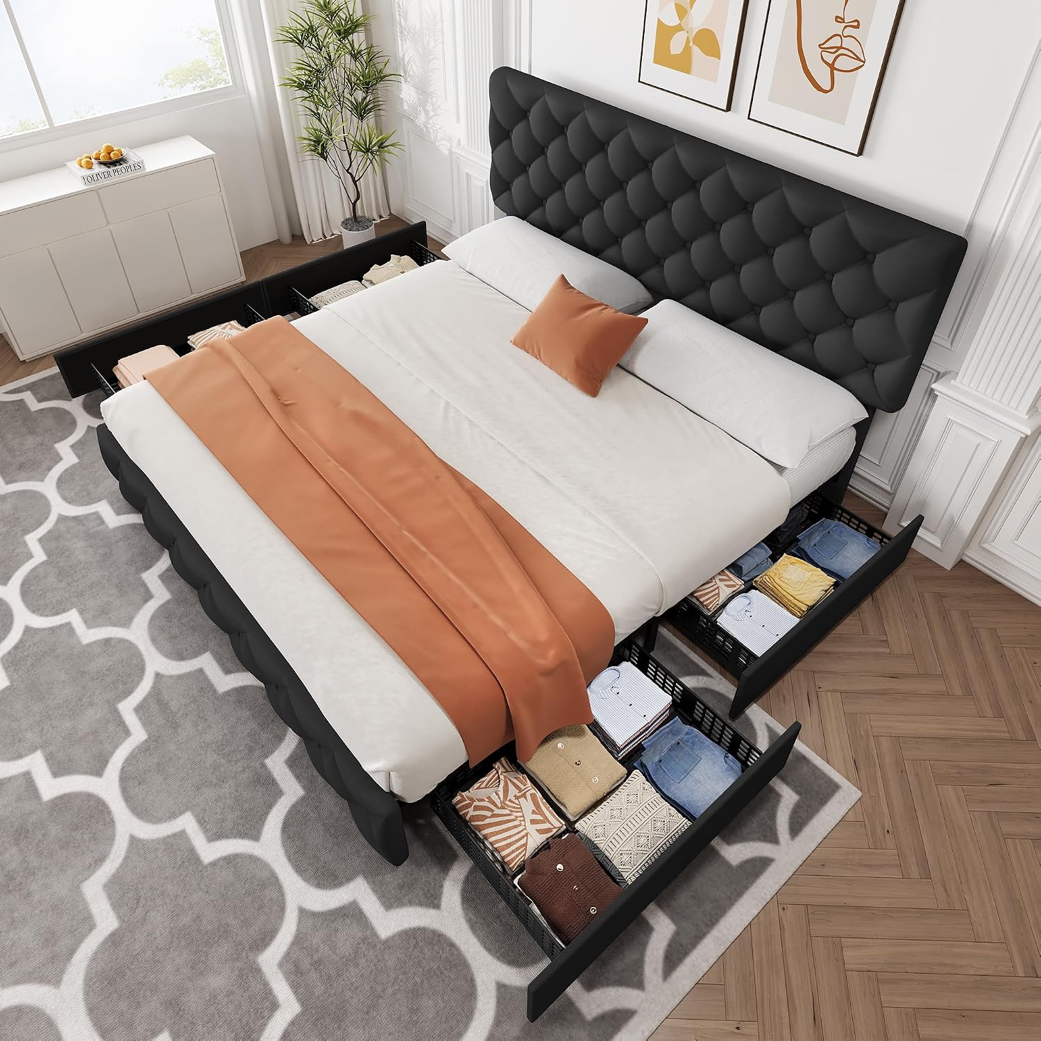IDEALHOUSE King Size Bed Frame with 4 Storage Drawers and Adjustable Headboard, Linen Upholstered Platform Beds, Diamond Stitched Button Tufted, No Box Spring Needed, Black