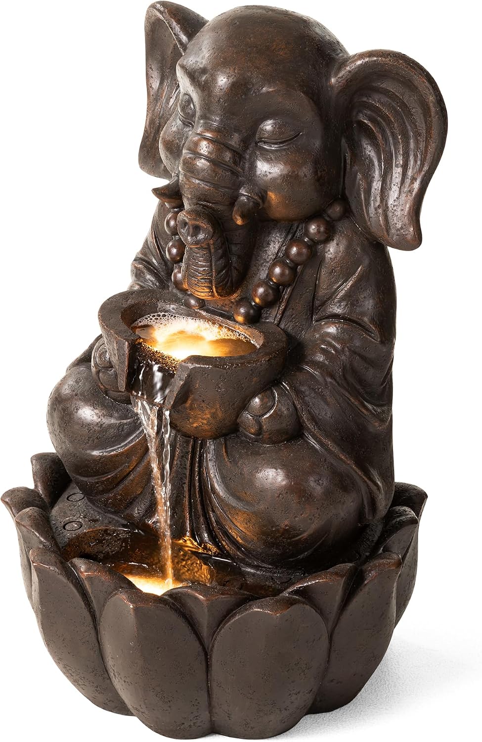Glitzhome Outdoor Fountains, Water Fountains Outdoor with Lights&Pump, 21.75' H 2-Tiered Zen-Style Bronze Polyresin Elephant Garden Fountain Floor Standing Waterfall for Patio, Porch, or Yard Decor
