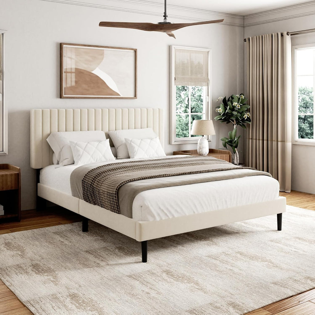 Sismplly Full Size Bed Frame with Velvet Upholstered Headboard, Platform Bed with Strong Wood Slats, Mattress Foundation, Box Spring Optional, Easy Assembly, Beige