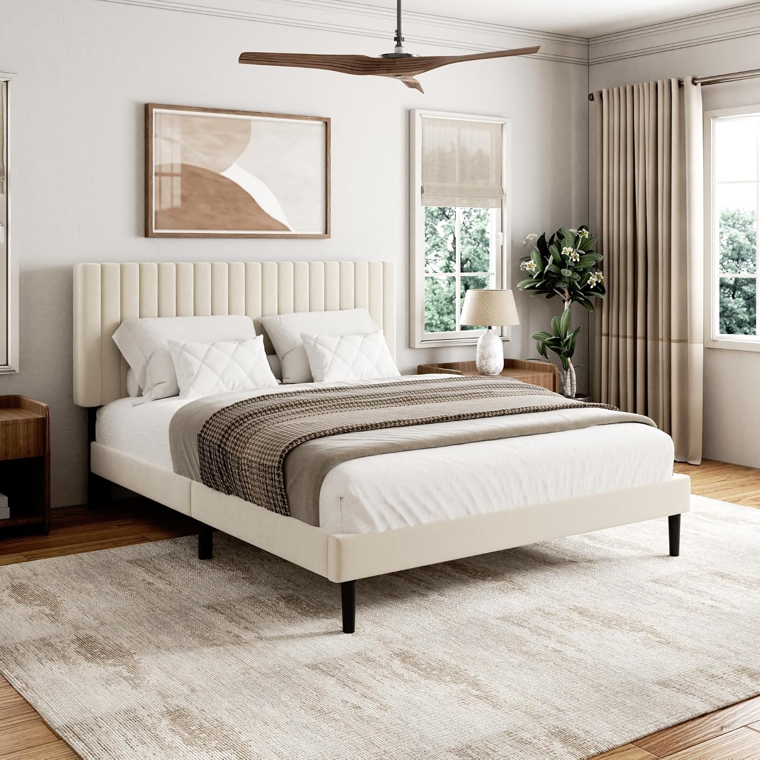 Sismplly Full Size Bed Frame with Velvet Upholstered Headboard, Platform Bed with Strong Wood Slats, Mattress Foundation, Box Spring Optional, Easy Assembly, Beige