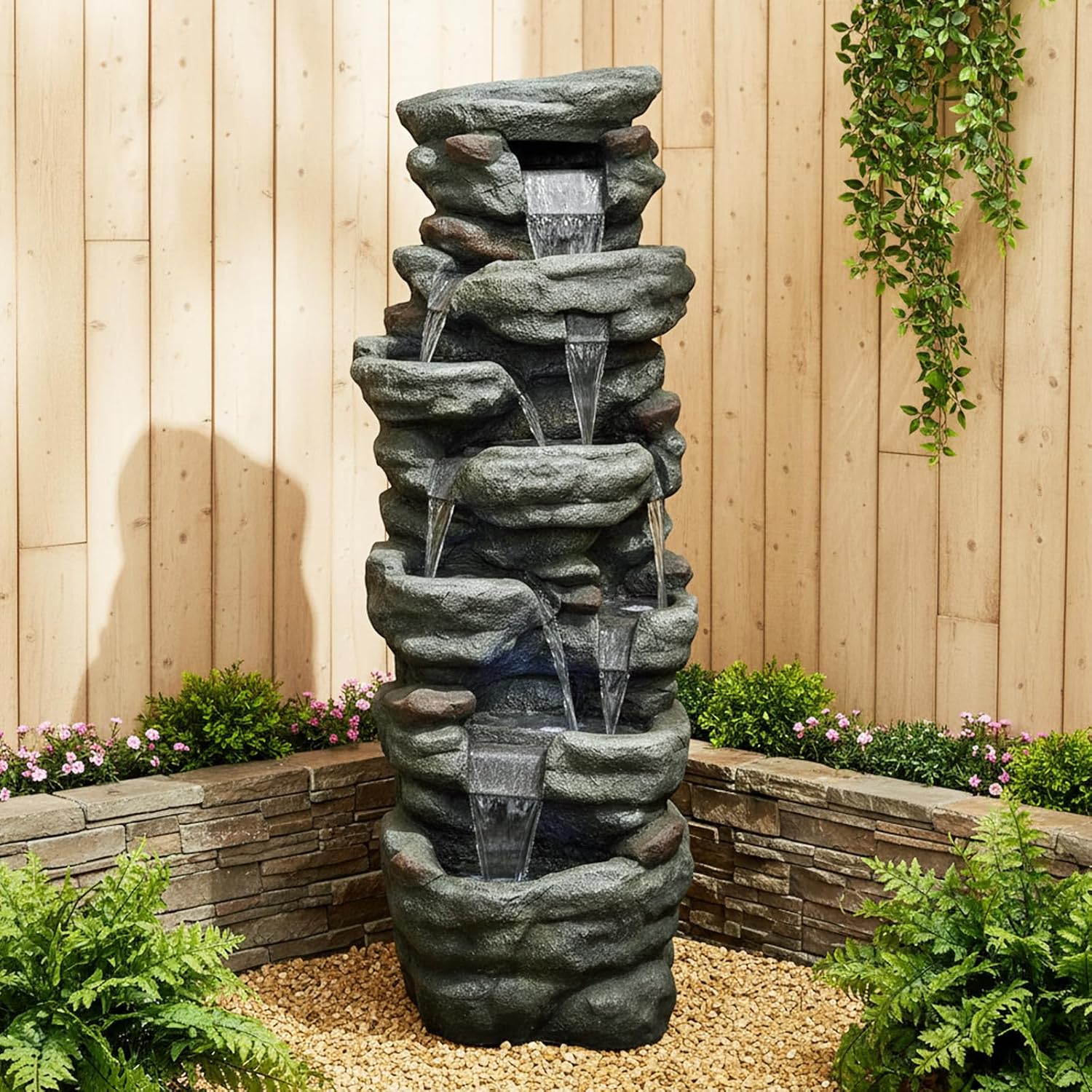 SunJet 51' High Multi-Tiers Cascading Rock Outdoor Water Fountain with LED Lights - Large Outdoor Fountains and Waterfalls for Garden or Patio, Yard, and Deck Decor, Featuring Natural Stone Look