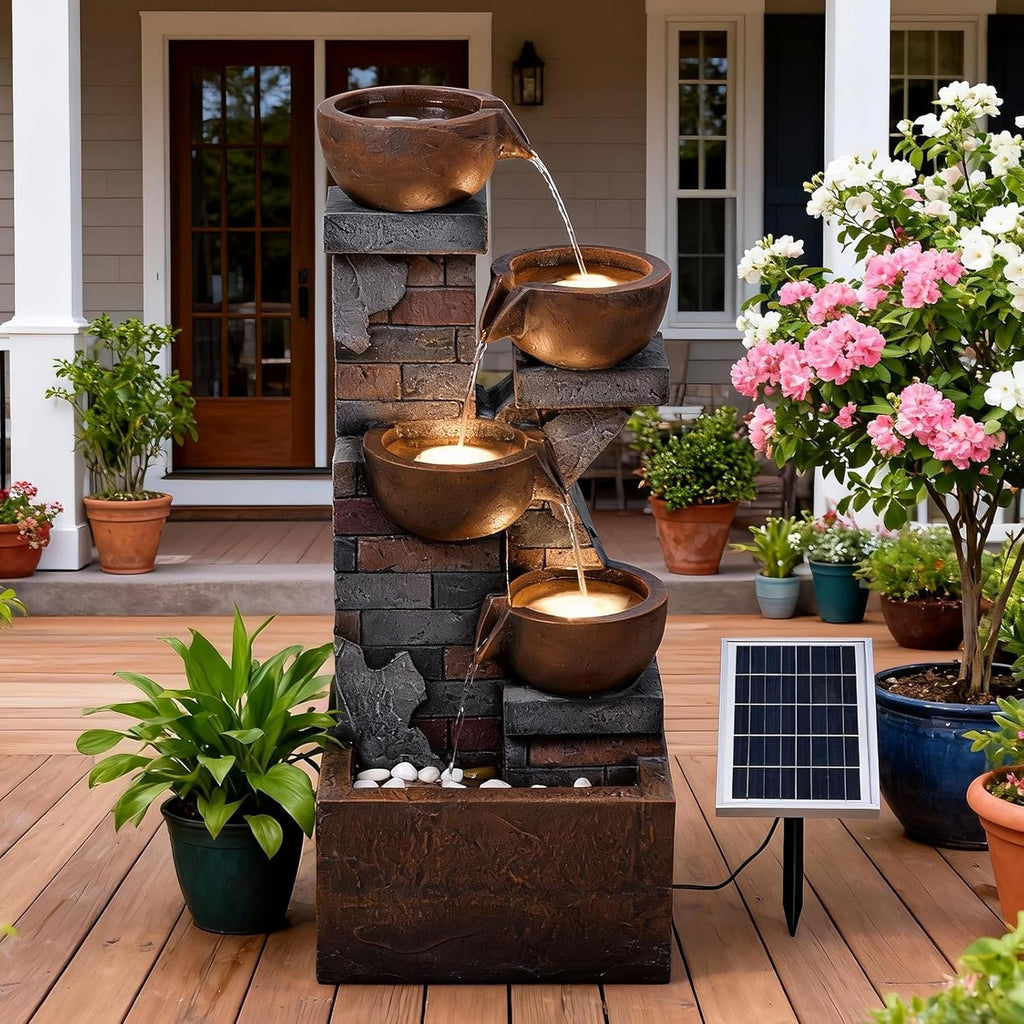 5 Tiers Solar Outdoor Water Fountain - 33.5' H Shape K Indoor Waterfall Fountain with LED Lights for Patio, Balconies, Lawns, Deck, Porch Backyard and Home Art Decor