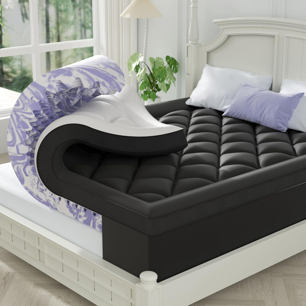 ChiXpace Dual Layer 4 Inch Memory Foam Mattress Topper Twin - 2 Inch Gel Memory Foam and 2 Inch Pillow Top Mattress Pad, 7-Zone Egg Crate Twin Size Mattress Topper (Black-White)